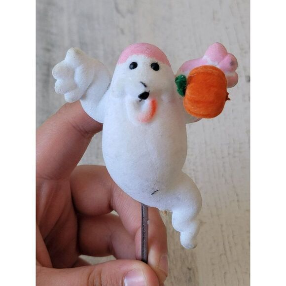 Halloween flocked ghost AS IS pumpkin pick home decor - Picture 3 of 7
